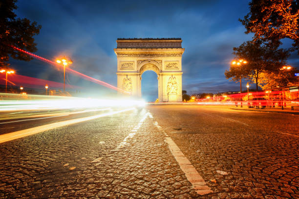 istock Long exposure along Champs Elysee with Arc de Triomphe in background of light trails 1434805624