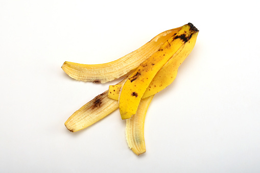 High angle view banana peel on the white background