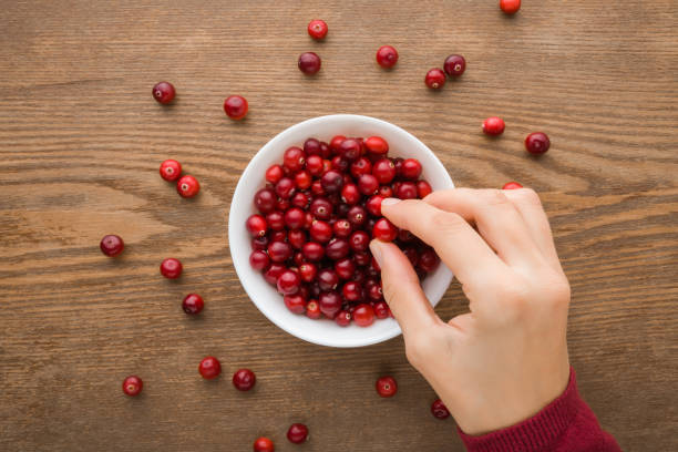 Young adult woman hand taking fresh red cranberries from white bowl on dark brown wooden table background. Eating healthy berries. Closeup. Top down view. Young adult woman hand taking fresh red cranberries from white bowl on dark brown wooden table background. Eating healthy berries. Closeup. Top down view. cowberry stock pictures, royalty-free photos & images