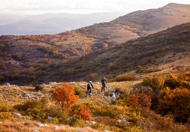 two bikers riding in the autumn mountain - jasper national park imagens e fotografias de stock