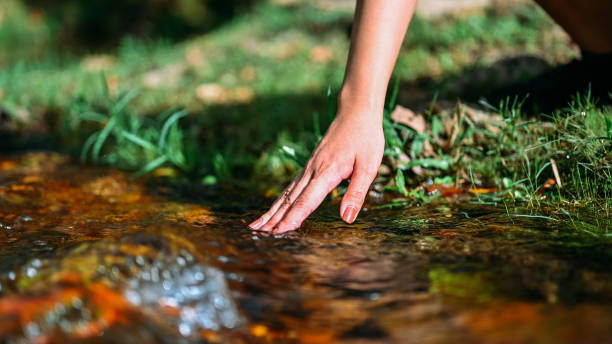 istock woman feeling and touching the clear natural river water 1434807336
