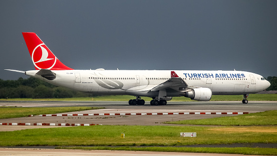 Manchester Airport, United Kingdom - 9 September 2022: Turkish Airlines Airbus A330 (TC-JOH) taxiing towards Runway 23L for take off to Istanbul, Turkey.