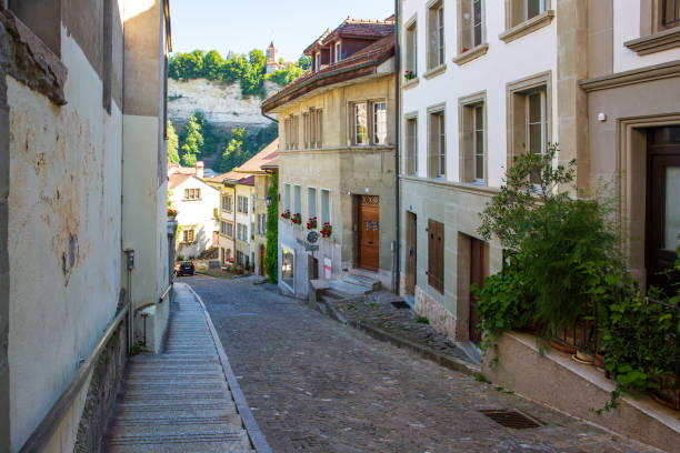 Cobblestone Streets of Fribourg, Switzerland Cobblestone Streets of Fribourg, Switzerland fribourg city switzerland stock pictures, royalty-free photos & images
