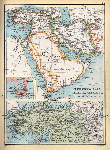 Vintage illustration, Antique map of Turkey in Asia, Ottoman, Arabia, Persia, detail on Aden, 19th Century, 1890s