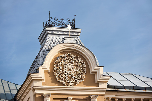 Jew Great Grodno Choral Synagogue, Belarus. Decor element stucco facade ornament of 16 century architecture in eclectic and Moorish style with six pointed star or Star of David, in visafree Hrodna.