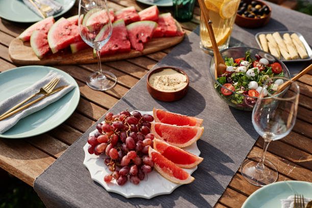 istock Fresh Fruits On Picnic Table Top View 1434816604