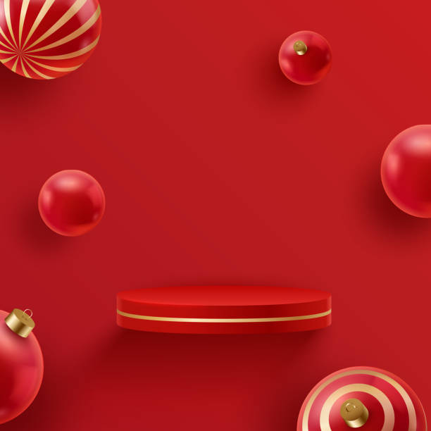 istock Christmas red flying podium with festive decorations. Christmas and new year 3D scene, podium for product display 1434816897