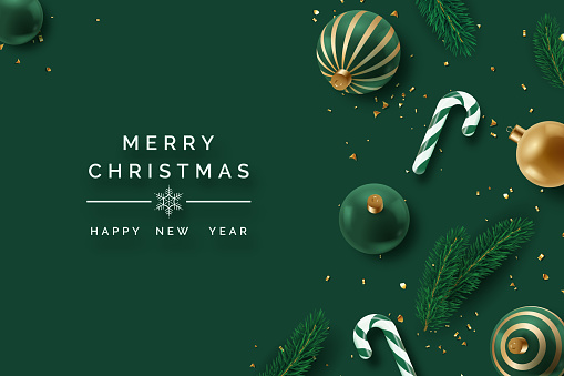 Realistic Christmas decor with firs, confetti, candy canes and christmas tree balls. New year vector card on dark green background