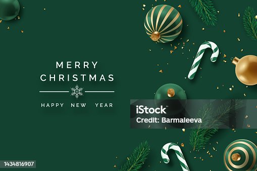 istock Realistic Christmas decor with firs, confetti, candy canes and christmas tree balls. New year vector card 1434816907