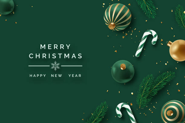 Realistic Christmas decor with firs, confetti, candy canes and christmas tree balls. New year vector card Realistic Christmas decor with firs, confetti, candy canes and christmas tree balls. New year vector card on dark green background wallpaper decor stock illustrations