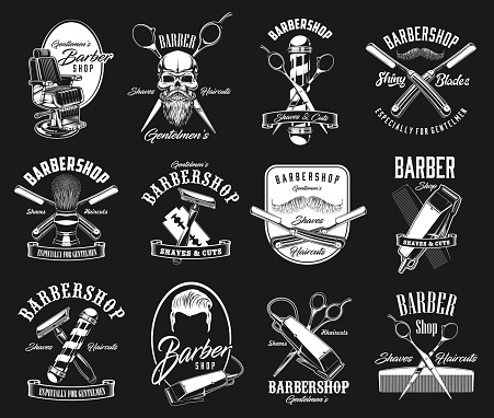 Barbershop haircut icons, vintage, hipster hairdresser pole and skull beard vector signs. Barber shop salon hair cutting tools, beard trimmer, mustache shaving brush and razor, scissors and comb