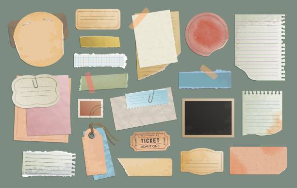 Scrapbook paper notes, torn page stickers or memos Scrapbook paper notes, torn page stickers and notebook scrap memos, vector vintage retro elements. Scrapbook tags on adhesive tape, message card frames and cardboard notes or torn page memos on pins scrapbook stock illustrations