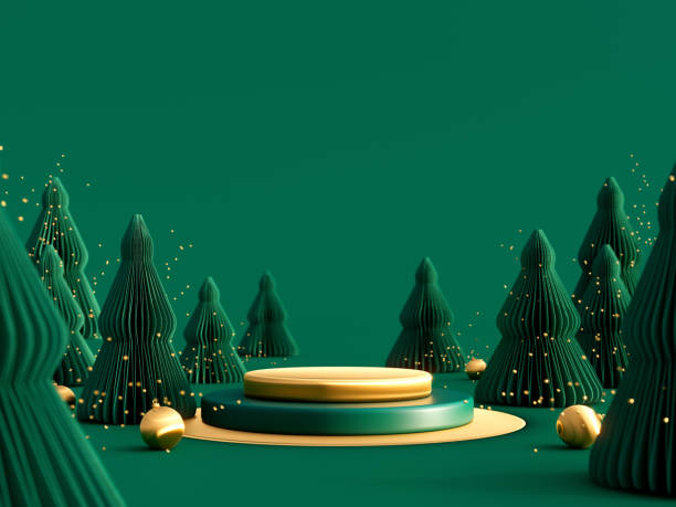 podio d'oro vuoto o palcoscenico con decorazioni natalizie e alberi di pino di carta su sfondo verde - backdrop design decoration winter foto e immagini stock