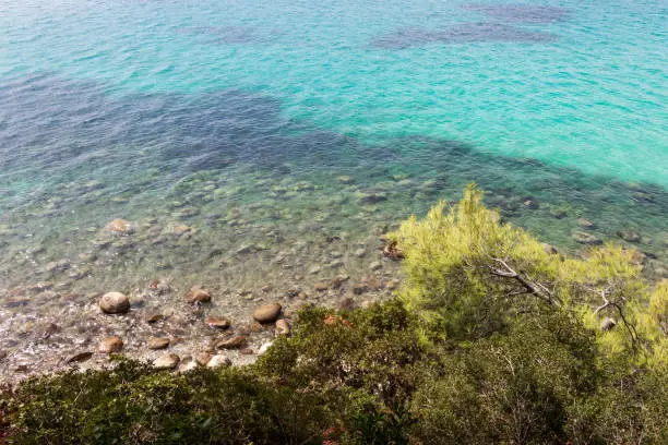 Photo of Akti Koviou beach on Sithonia peninsula, Chalkidiki, Greece. Summer vacation travel holiday background concept.