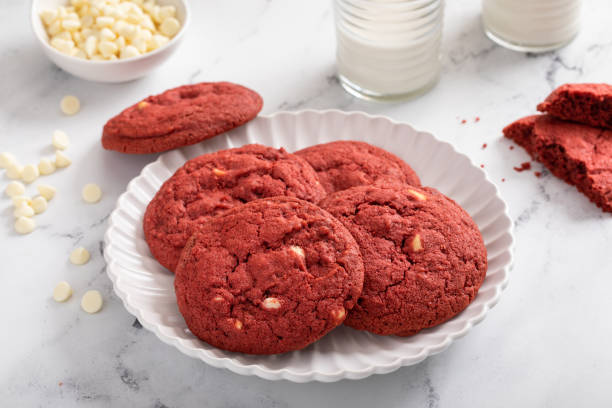 istock Red velvet cookies with white chocolate chips with milk 1434818274