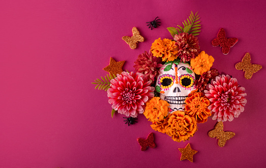 Dia De Los Muertos or Day of the Dead Celebration Background. Scull Decorated with Marigold flower. Mexican Traditional Festive.