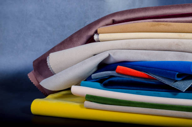 istock Bright collection of colorful velour textile samples. Fabric texture. 1434818483