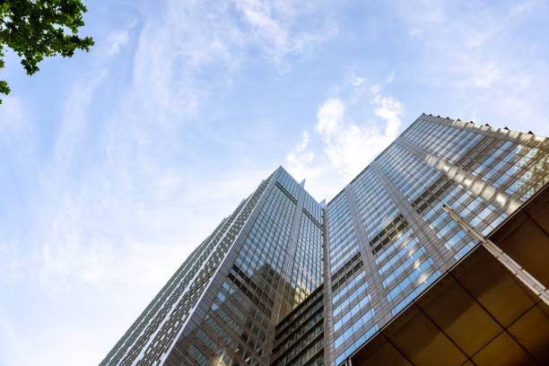 istock Low angle view of modern office building, skyscrapers, background with copy space 1434822966