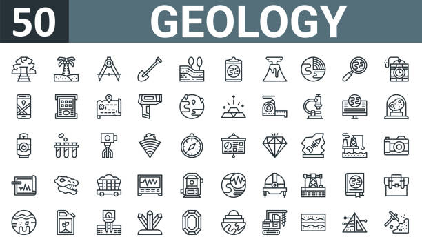 ilustrações, clipart, desenhos animados e ícones de conjunto de 50 ícones de geologia web de contorno, como mina, ilha, bússola, pá, terra, área de transferência, ícones finos vetoriais de vulcão para relatório, apresentação, diagrama, web design, aplicativo móvel. - geologia