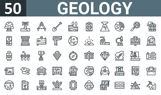 set of 50 outline web geology icons such as mine, island, compass, shovel, earth, clipboard, volcano vector thin icons for report, presentation, diagram, web design, mobile app.