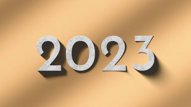 istock Concrete numbers 2023 on wavy sandy background. Minimal invitation flyer, greeting postcard. 3d render. 1434824630