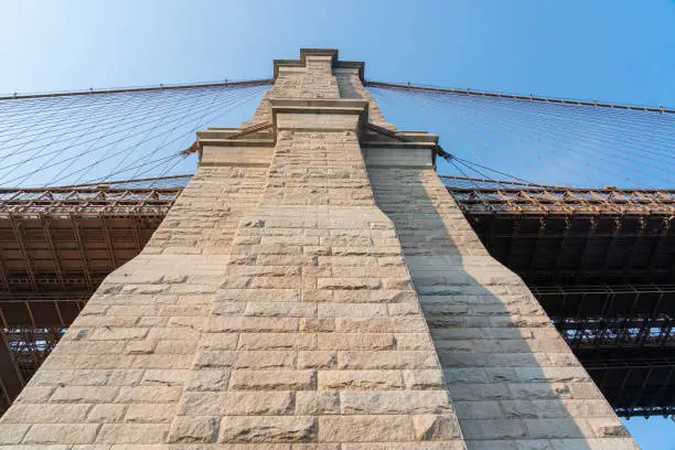 Photo of Unusual view of Brooklyn Bridge abutment with beautiful cloudy sky