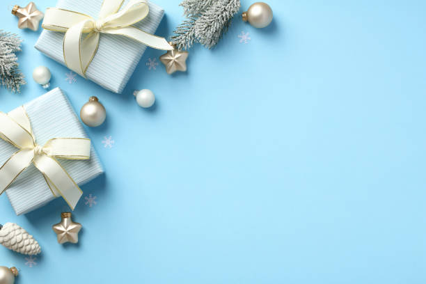 istock Blue elegant Christmas background with gift boxes, baubles, Xmas decorations. Christmas greeting card design. 1434827114