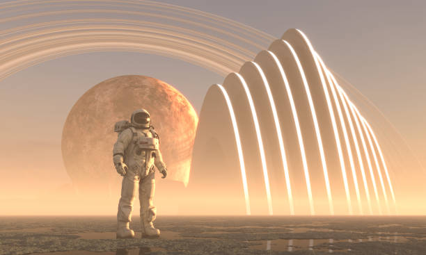 istock Astronaut in front of an alien structure on remote planet 1434828587