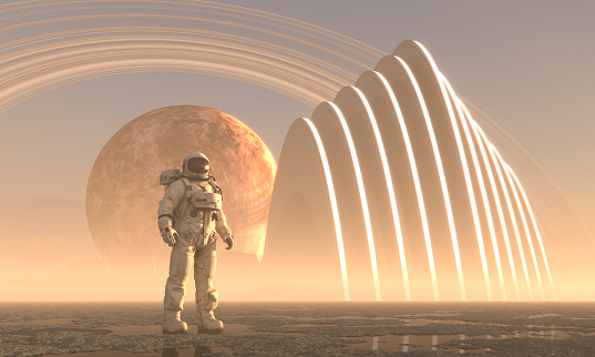 Astronaut in front of an alien structure on remote planet