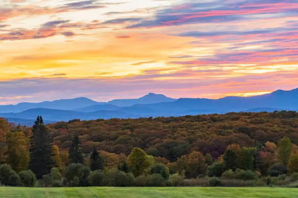 evening view of the Green Mountains In Vermont at sunset