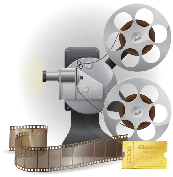 istock Cool retro movie projector with abstract light rays. Analog device cinema motion picture film player 1434829650