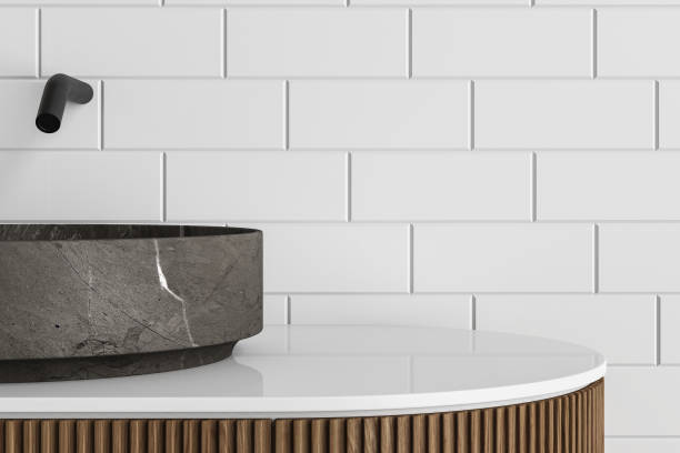 istock Realistic 3D render close up top view elegant bathroom vanity countertop with white marble wash basin and faucet. Blank space for beauty product display. 1434830043