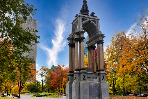 In Montreal downtown district, a view at the park in Dorchester Square situated on Rene Levesque Boulevard.