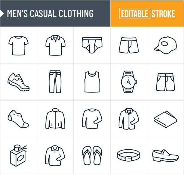 Men's Casual Clothing Thin Line Icons - Editable Stroke A set of men's casual clothing icons that include editable strokes or outlines using the EPS vector file. The icons include a men's t-shirt, men's polo shirt, men's underwear, boxer shorts, baseball hat, tennis shoes, men's jeans, men's tank top, men's watch, men's shorts, men's socks, men's jacket, men's long sleeve shirt, men's wallet, cologne, men's sandals, men's belt and men's loafers. shirt stock illustrations