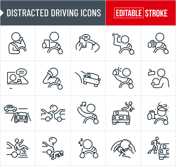 ilustraciones, imágenes clip art, dibujos animados e iconos de stock de iconos de línea fina de conducción distraída - trazo editable - driving car distracted accident