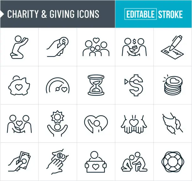 Vector illustration of Charity And Giving Thin Line Icons - Editable Stroke