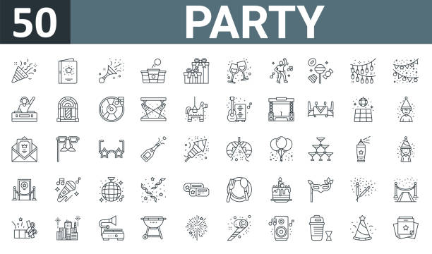 stockillustraties, clipart, cartoons en iconen met set of 50 outline web party icons such as poppers, greeting card, et, beer pong, present, cheer, dance vector thin icons for report, presentation, diagram, web design, mobile app. - verjaardagsspellen