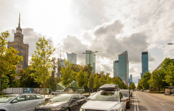 The panorama of the Centrum district in Warsaw with amazing trees in September and skyscrapers includes the so-called analogue of the Stalin  Vysotka, Palace of Youth and Science