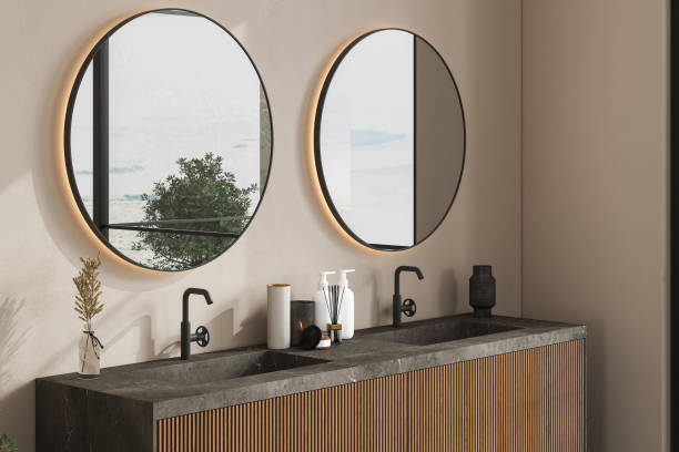 marmurowa umywalka stojąca na drewnianych meblach łazienkowych. podwójne owalne lustra wiszą na beżowej ścianie. zbliżenie. widok z przodu. renderowanie 3d - vanity zdjęcia i obrazy z banku zdjęć