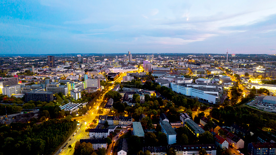 Essen cityskyline aerial view at evening time, Essen, Germany