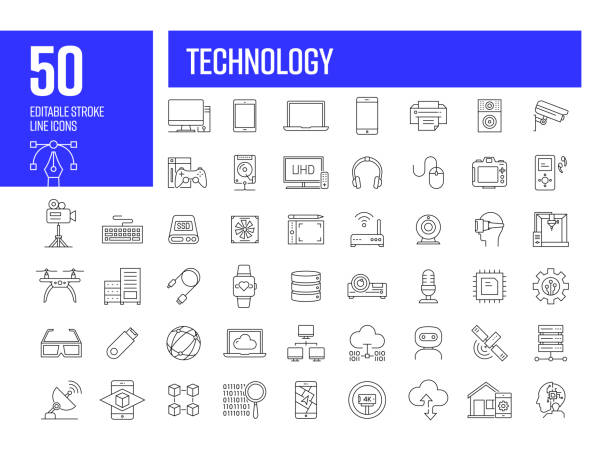 иконки технологических линий. редактируемая коллекция значков векторных штрихов. - ipad television digital tablet connection stock illustrations