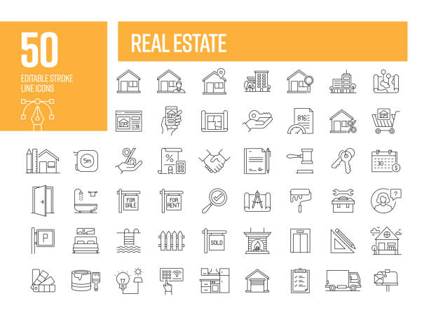 ilustraciones, imágenes clip art, dibujos animados e iconos de stock de iconos de línea de bienes raíces. colección editable de iconos vectoriales de trazo. - propiedad inmobiliaria
