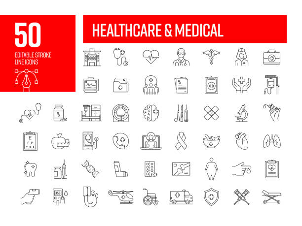 healthcare und medical line icons. bearbeitbare sammlung von strichvektorsymbolen. - surgery stock-grafiken, -clipart, -cartoons und -symbole