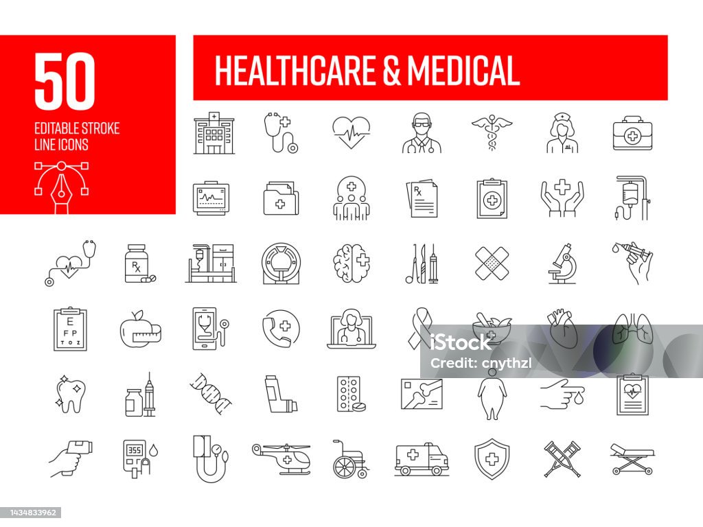 Icônes de ligne médicale et de soins de santé. Collection d’icônes vectorielles de contour modifiables. - clipart vectoriel de Icône libre de droits Icônes de ligne médicale et de soins de santé. Collection d’icônes vectorielles de contour modifiables. - clipart vectoriel de Icône libre de droits