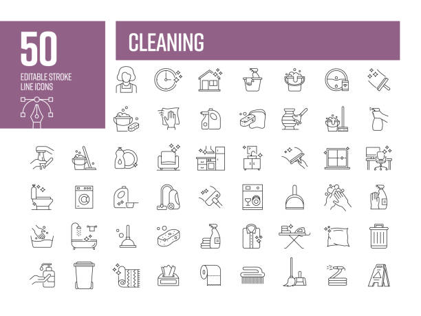 Cleaning Line Icons. Editable Stroke Vector Icons Collection. Cleaning Line Icons. Editable Stroke Vector Icons Collection. cleaning stock illustrations