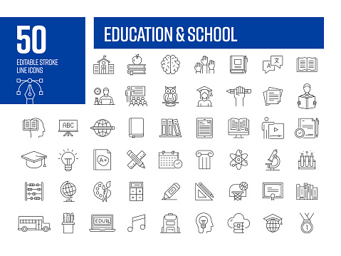 Education and School Line Icons. Editable Stroke Vector Icons Collection.