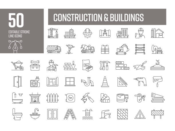 ilustraciones, imágenes clip art, dibujos animados e iconos de stock de iconos de líneas de construcción. colección editable de iconos vectoriales de trazo. - construction material material brick building activity