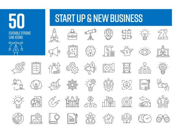 Start Up and New Business Line Icons. Editable Stroke Vector Icons Collection. Start Up and New Business Line Icons. Editable Stroke Vector Icons Collection. start ups stock illustrations