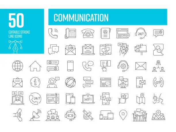 Vector illustration of Communication Line Icons. Editable Stroke Vector Icons Collection.