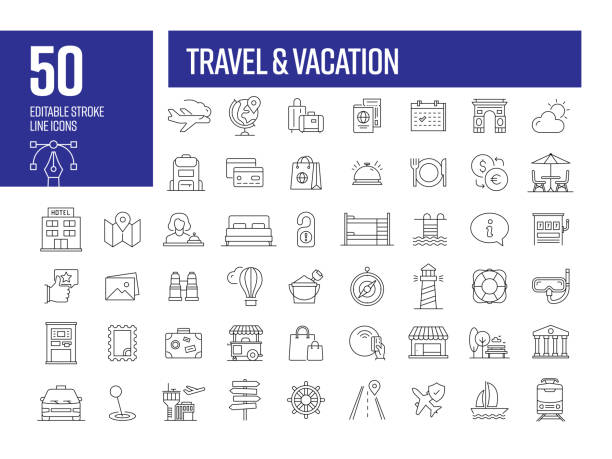 ilustrações, clipart, desenhos animados e ícones de ícones da linha de viagens e férias. coleção de ícones do vetor de traçado editável. - airport airplane travel airport lounge